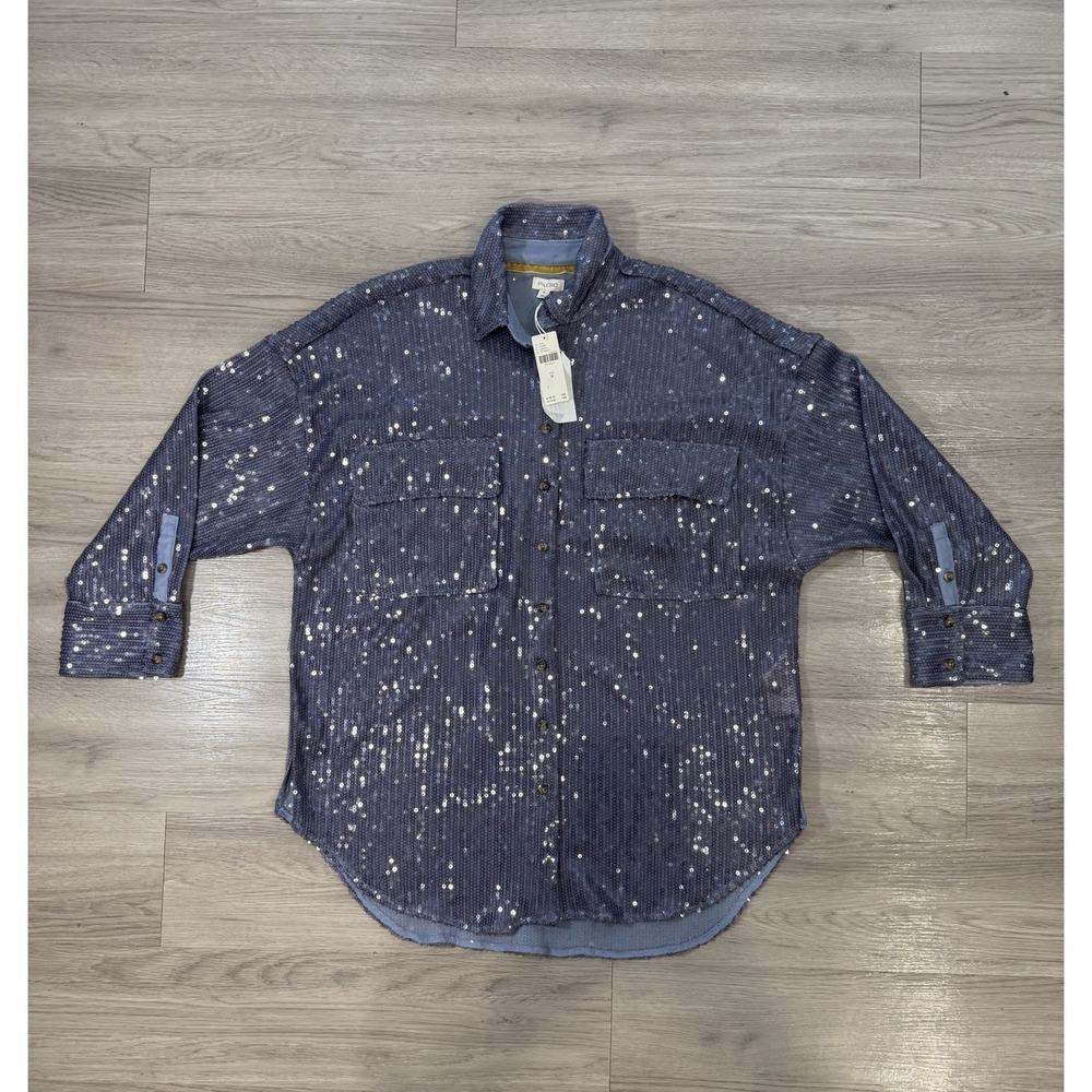 nwt anthropologie Pilcro Sequin Button Down Shirt Women Size Medium Blue
